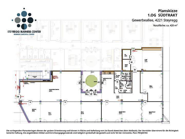 Planskizze des 1. Obergeschosses Südtrakt mit einer Nutzfläche von ca. 420 m² und verschiedenen Räumen.