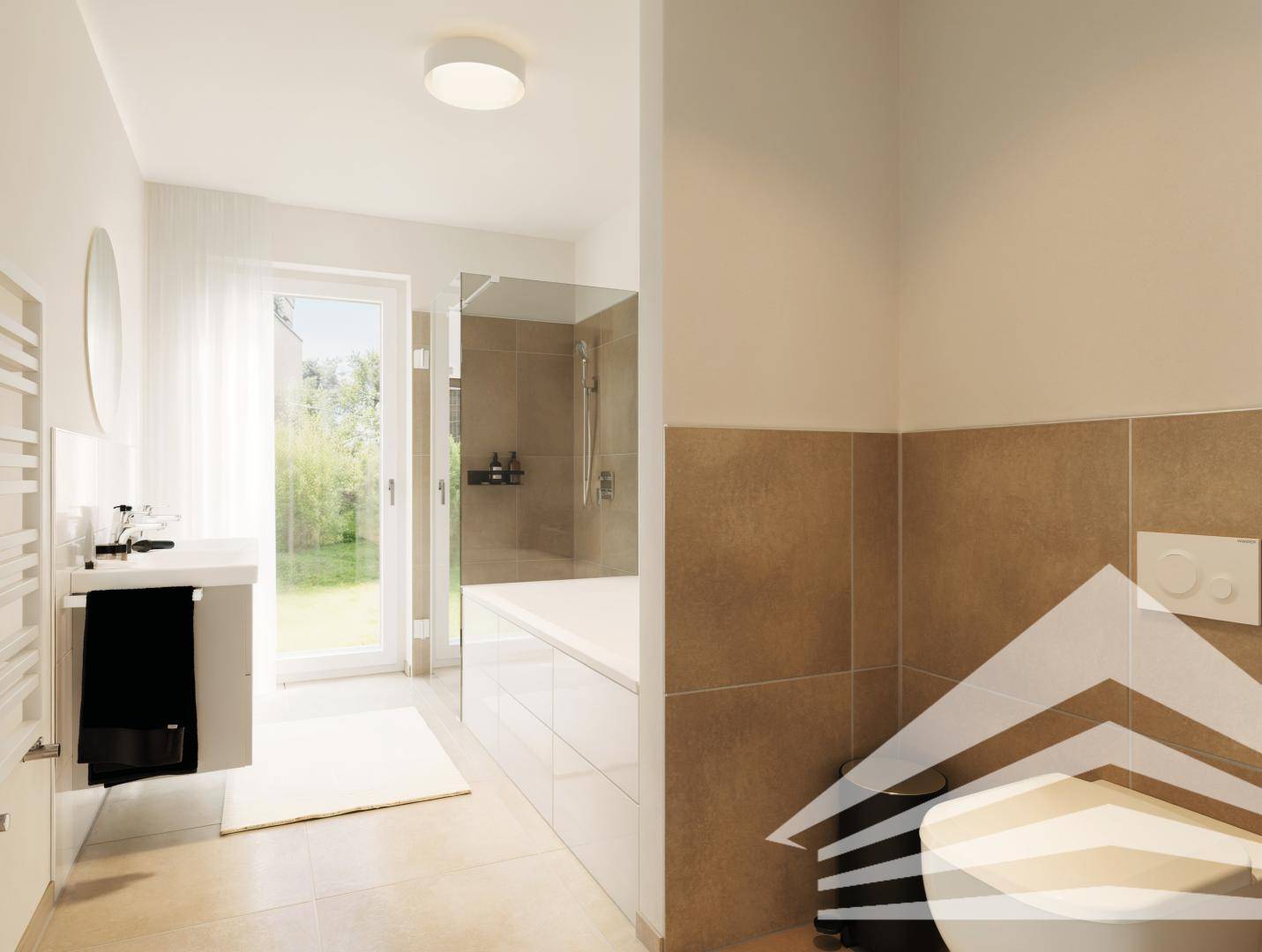 Modernes Badezimmer mit begehbarer Dusche, Einzelwaschbecken und Fenster zum Garten.