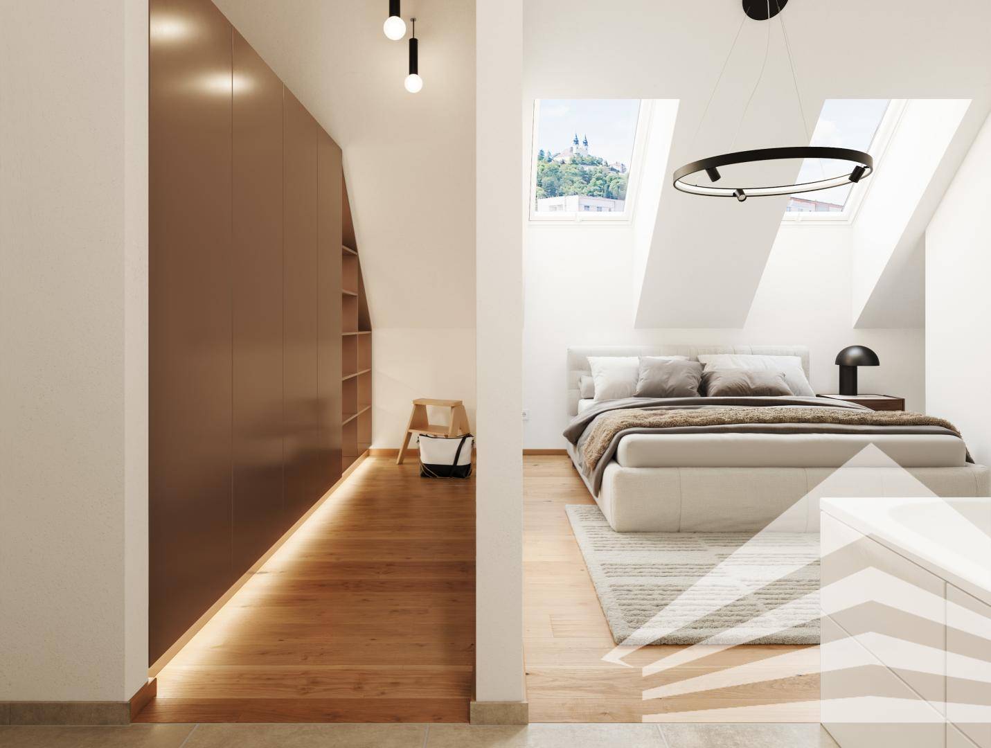 Modernes Schlafzimmer im Dachgeschoss mit Holzboden, Einbauschränken und Dachfenstern.