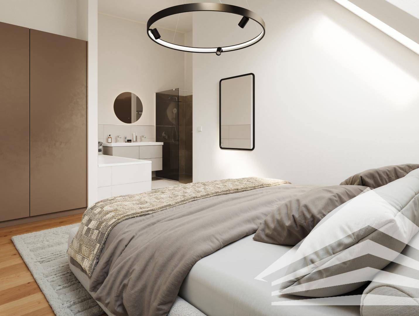 Elegantes Schlafzimmer mit Holzboden und offenem Zugang zu einem modernen Bad mit Doppelwaschbecken.