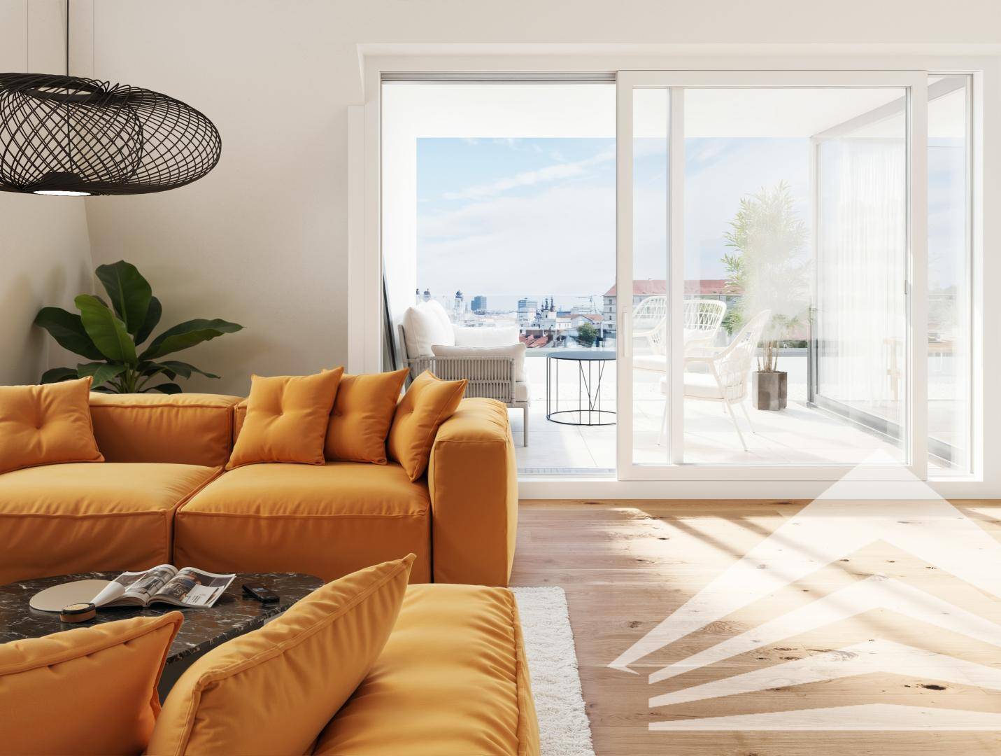 Helles Wohnzimmer mit modernem orangefarbenem Sofa, Holzboden und Zugang zur Terrasse mit Stadtblick.
