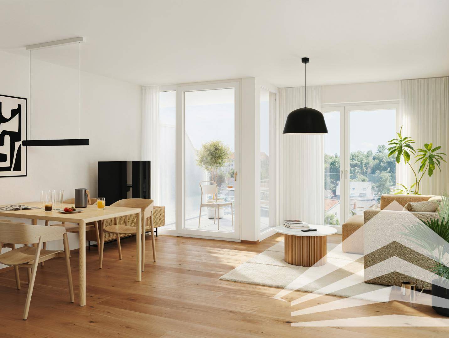 Heller Wohn-Essbereich mit Holzboden, Esstisch und großen Fenstern mit Zugang zum Balkon.