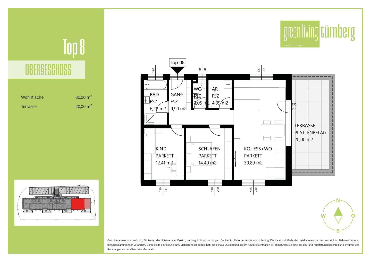 Grundriss einer Wohnung im Obergeschoss mit zwei Schlafzimmern, Bad und großer Terrasse.