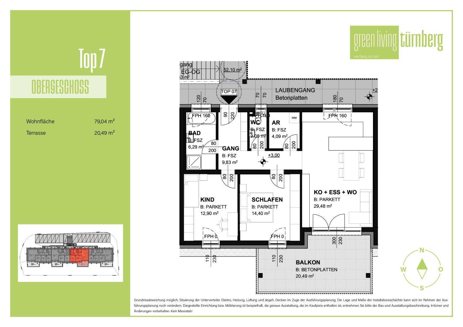 Grundriss des Obergeschosses mit 79,04 m² Wohnfläche, zwei Schlafzimmern und großer Terrasse.