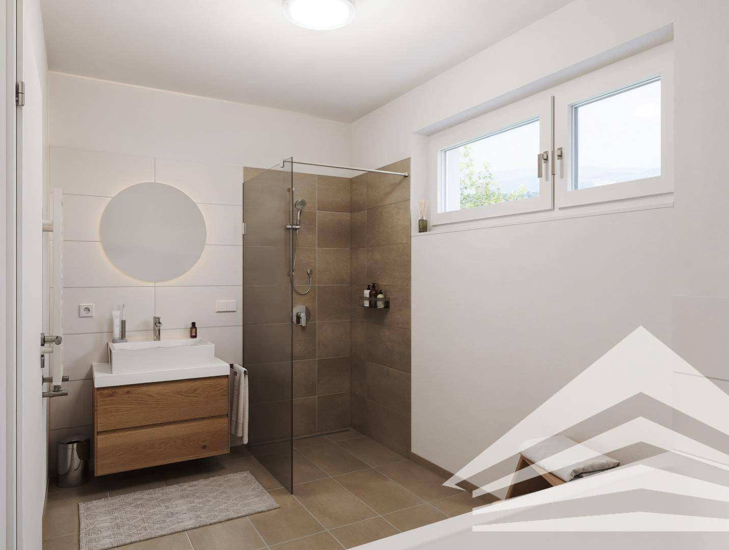 Modernes Badezimmer mit ebenerdiger Dusche, Holzwaschtisch und Fenster für Tageslicht.