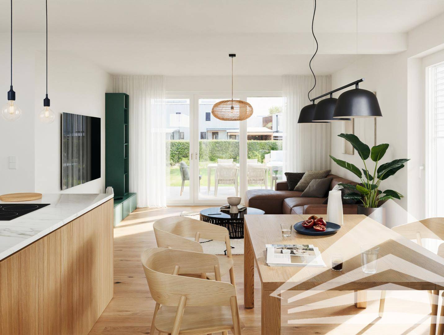 Heller offener Wohn-Essbereich mit Holzboden, modernen Möbeln und Zugang zum Garten.