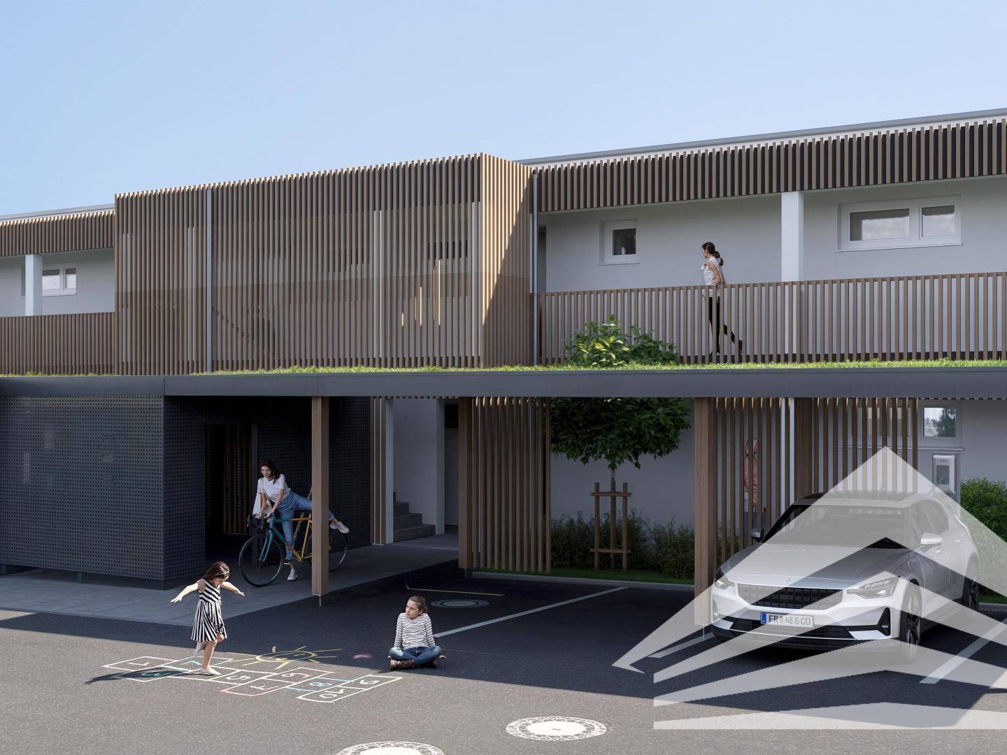 Moderne Wohnanlage mit Carports und Spielbereich für Kinder im Freien.