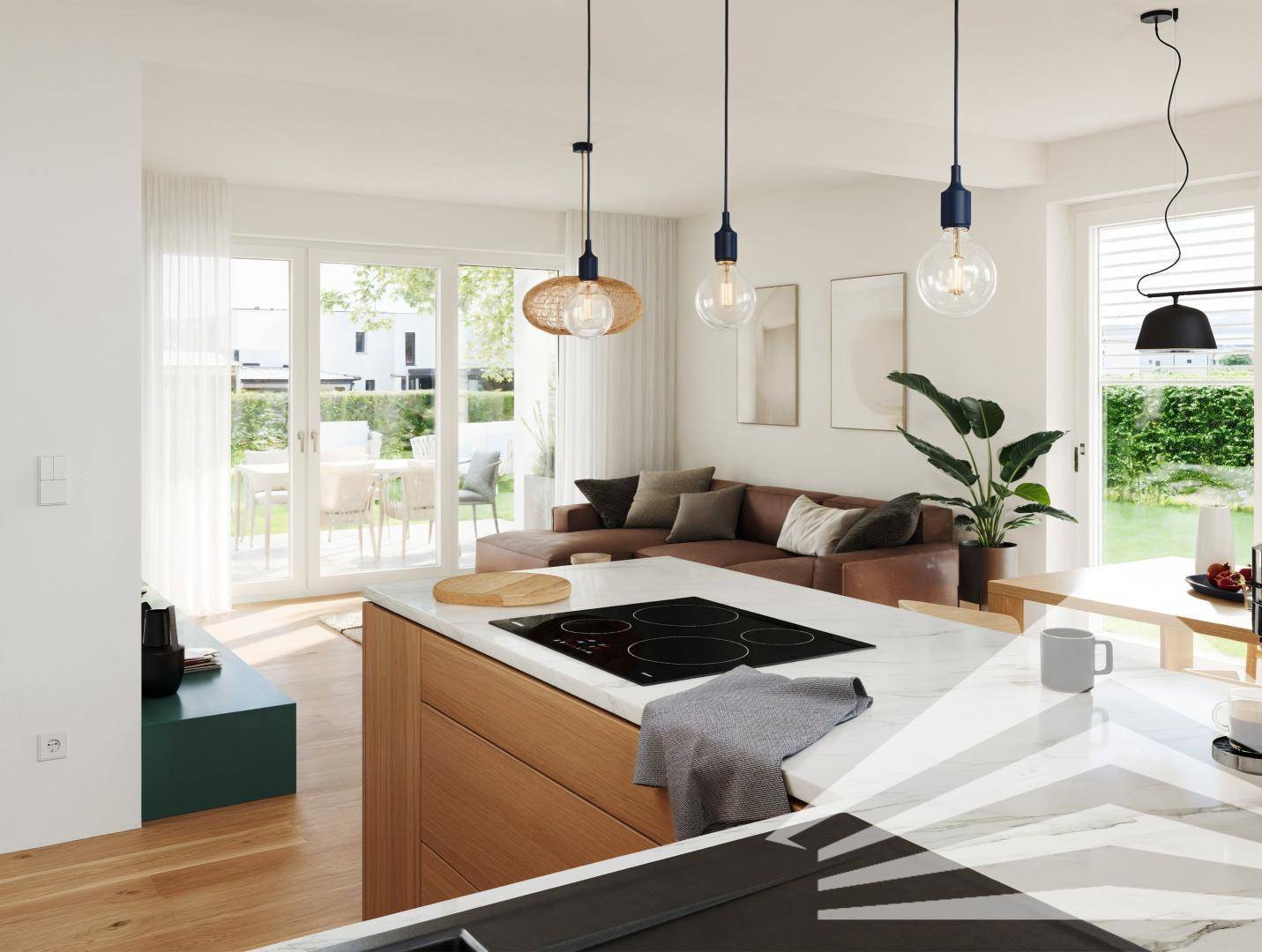Moderne Küche mit Kochinsel, Induktionskochfeld und offenem Übergang zum Wohnbereich.