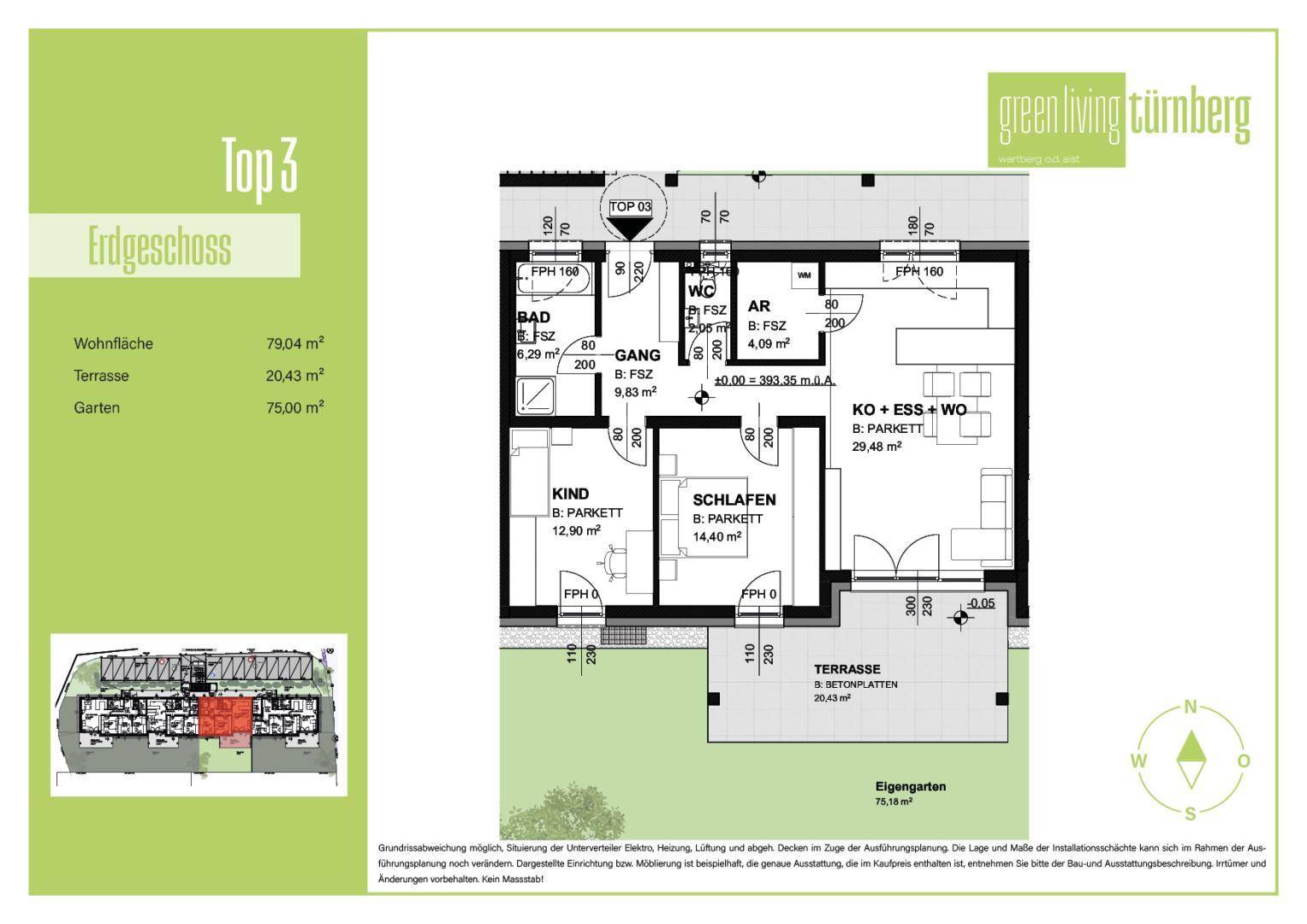 Detaillierter Grundriss einer Erdgeschosswohnung mit drei Zimmern, Terrasse und Gartenanteil.