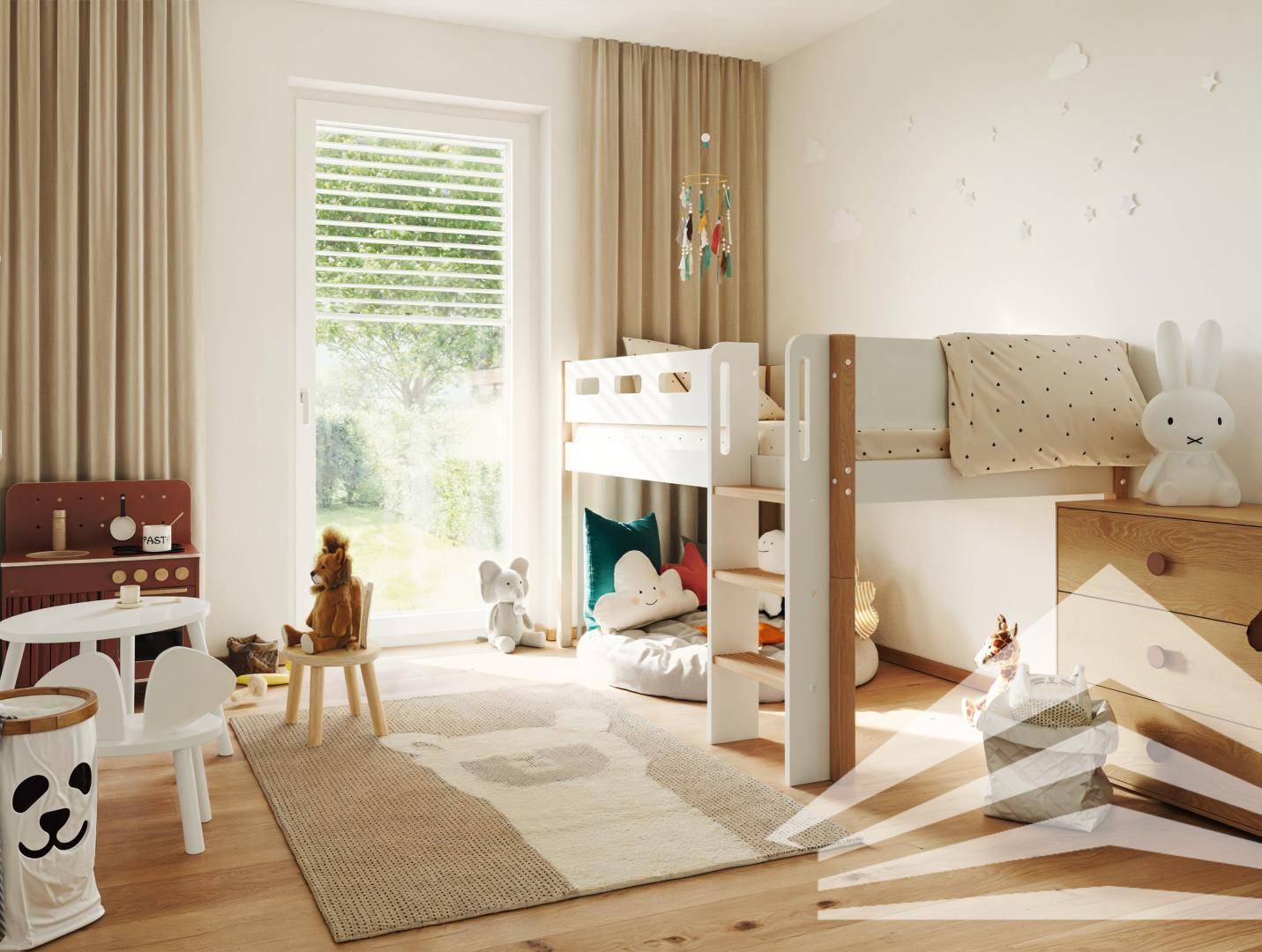 Freundliches Kinderzimmer mit Holzboden, Etagenbett und viel Tageslicht.