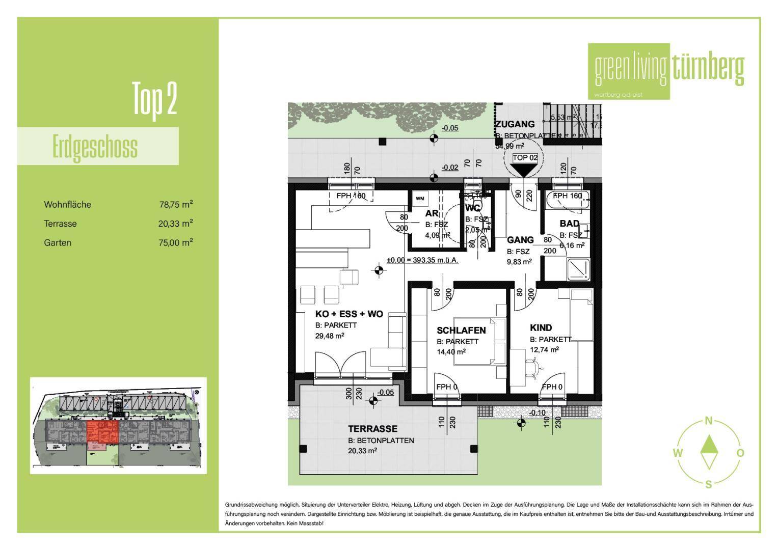 Grundriss der Wohnung Top 2 im Erdgeschoss mit Terrasse und Garten.