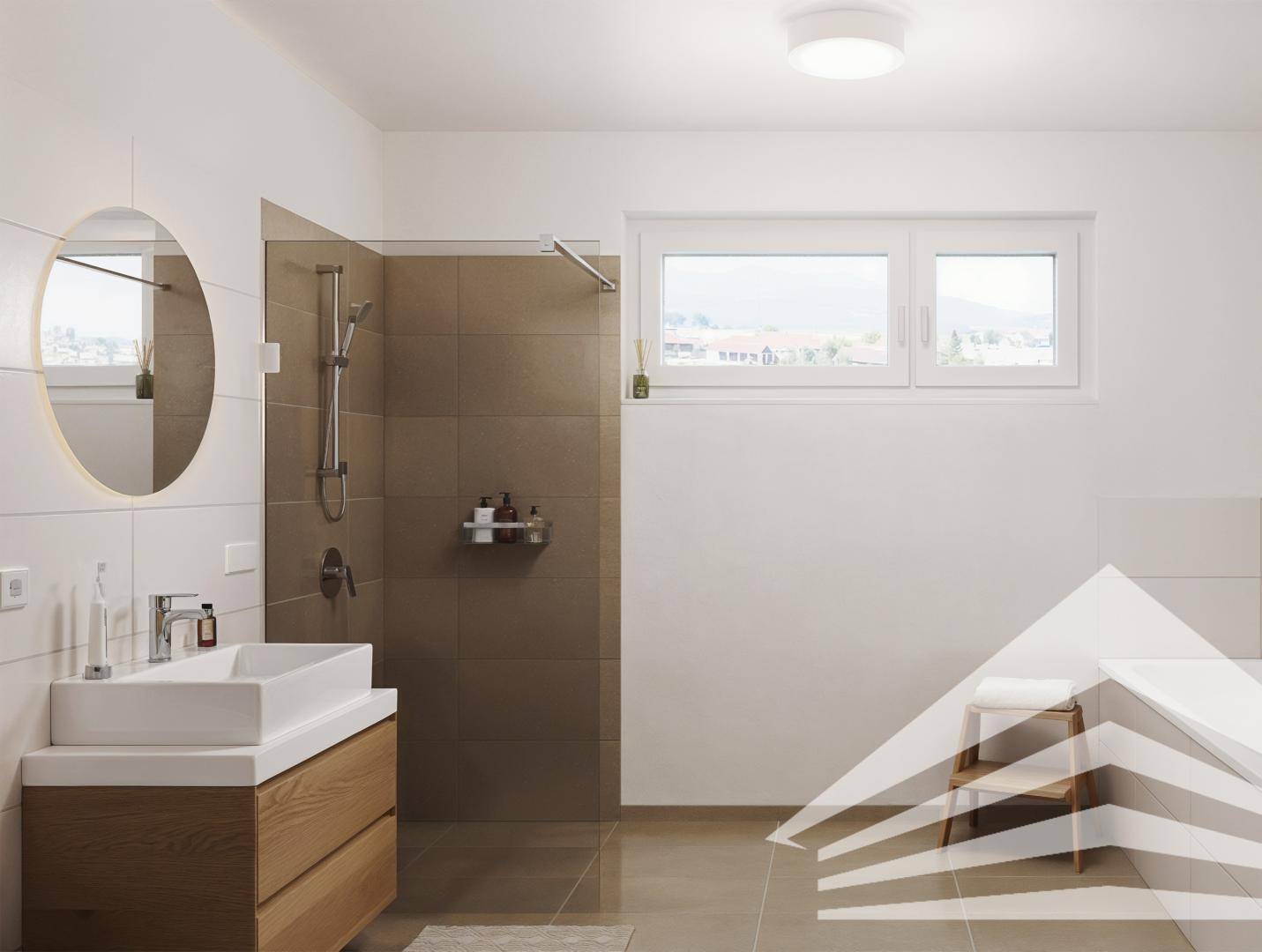 Modernes Badezimmer mit ebenerdiger Dusche, großem Waschbecken und Fenster.