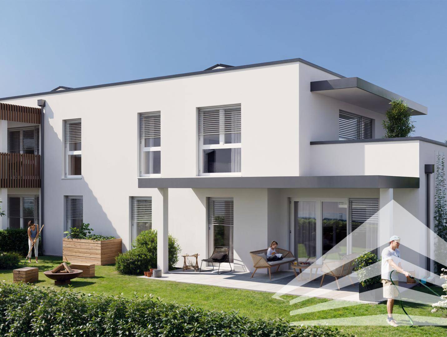 Modernes Gebäude mit privatem Garten, Terrasse und Feuerstelle, umgeben von Grünflächen.