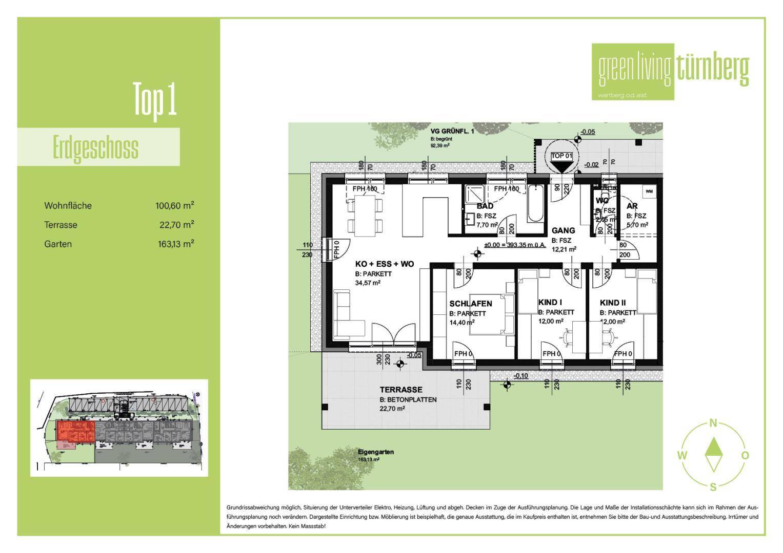 Grundriss des Erdgeschosses "Top 1" mit Wohnfläche, Terrasse und Gartenanteil.