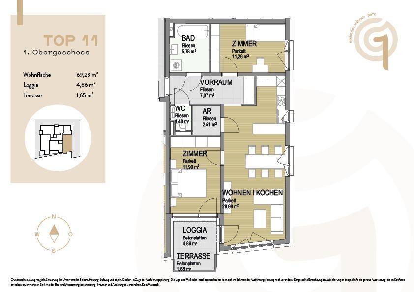 Grundriss der Wohnung TOP 11 im ersten Obergeschoss mit Loggia und Terrasse.