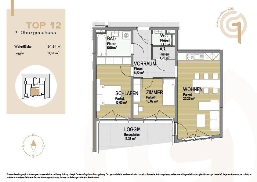 Grundriss der Wohnung Top 12 im zweiten Obergeschoss mit Loggia und drei Zimmern.