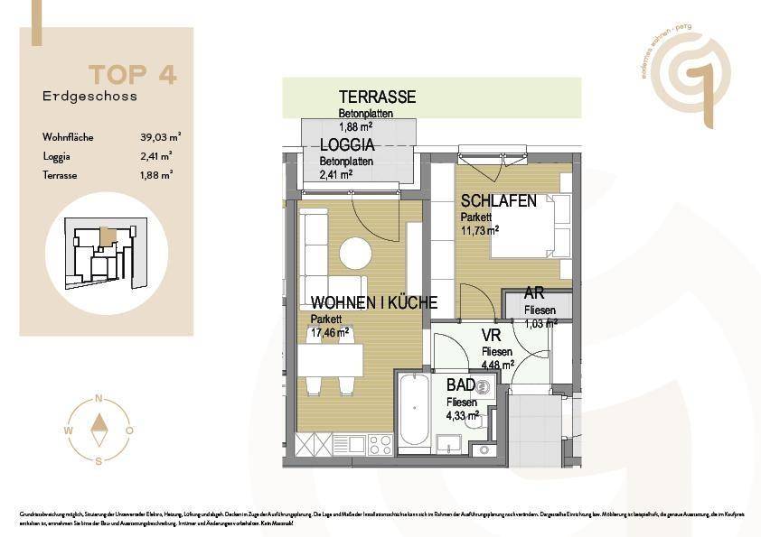 Grundriss der Erdgeschosswohnung Top 4 mit Terrasse und Loggia.