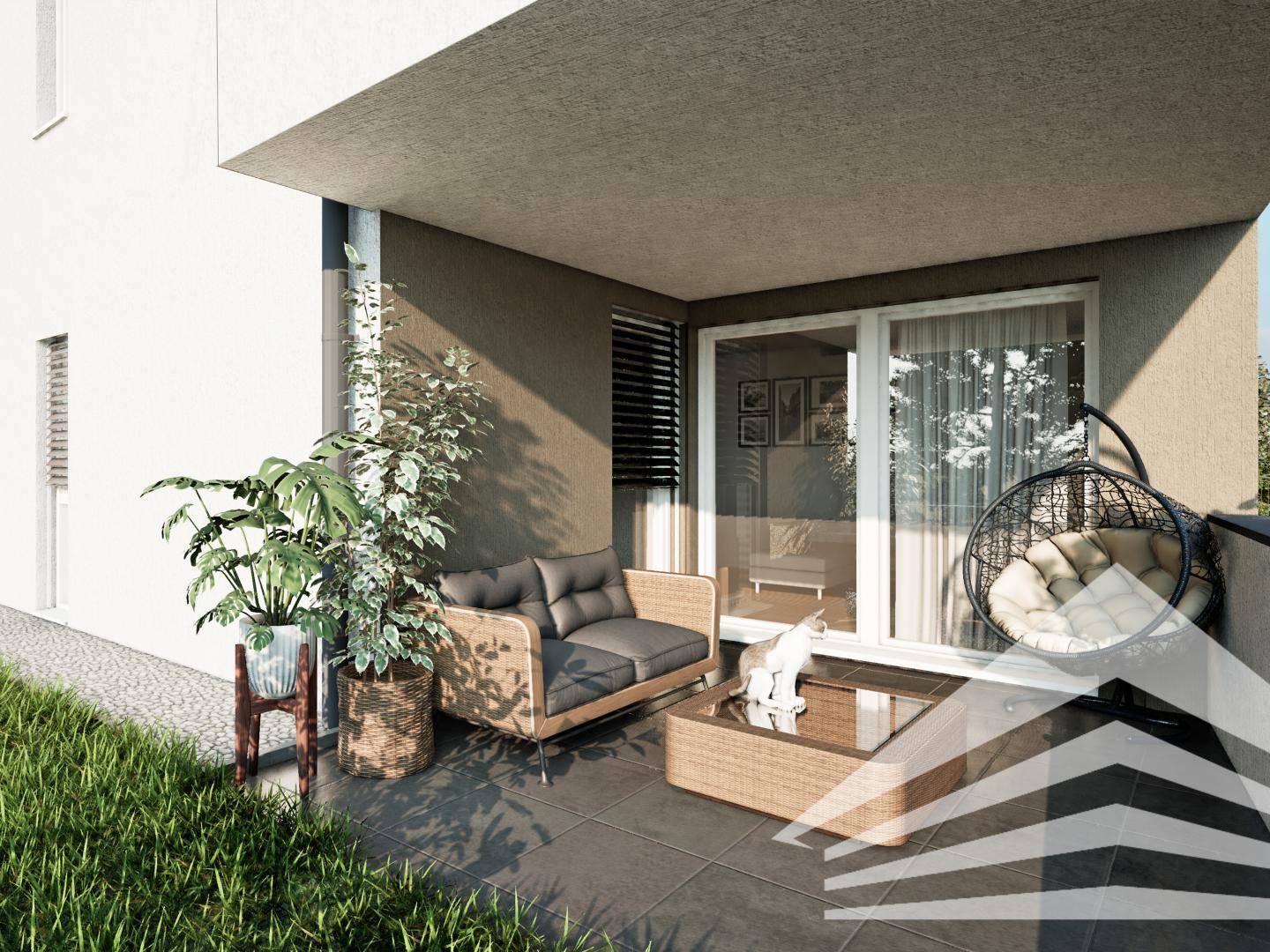 Gemütliche Terrasse mit modernen Gartenmöbeln und Pflanzen.