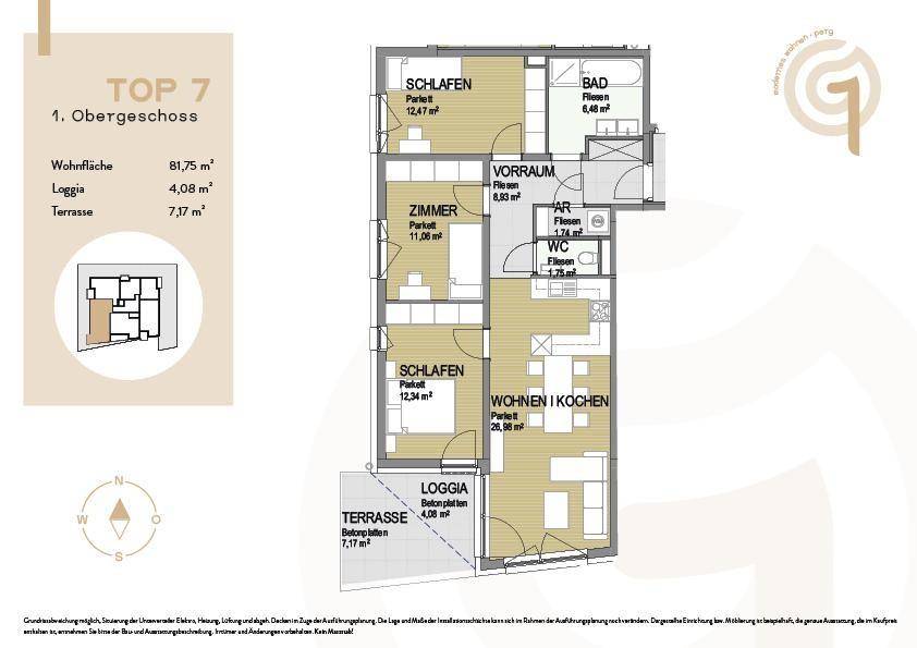 Grundriss von Top 7 im ersten Obergeschoss mit drei Schlafzimmern, Loggia und Terrasse.