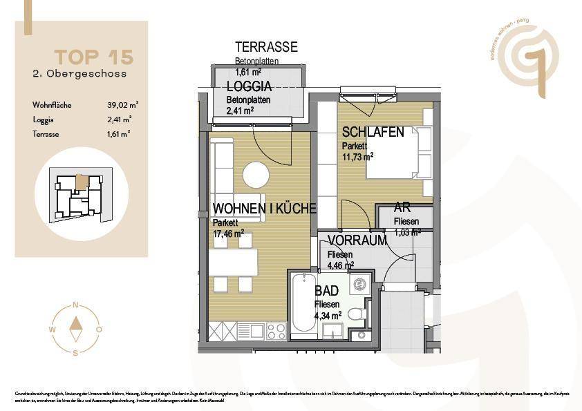 Grundriss der Wohnung TOP 15 mit Wohnküche, Schlafzimmer, Bad, Loggia und Terrasse.