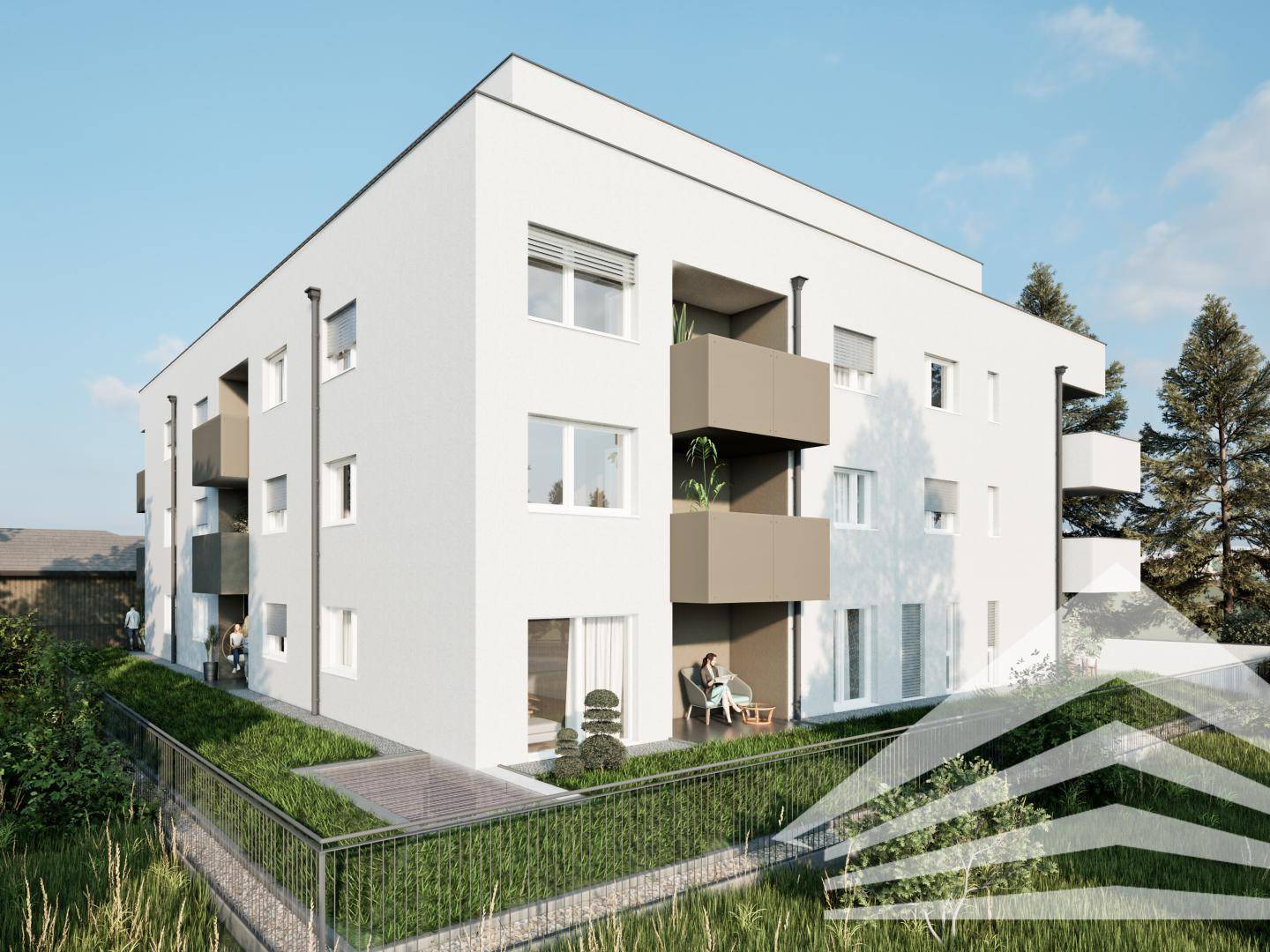 Moderne Wohnanlage mit Terrasse und Grünfläche im Erdgeschoss.