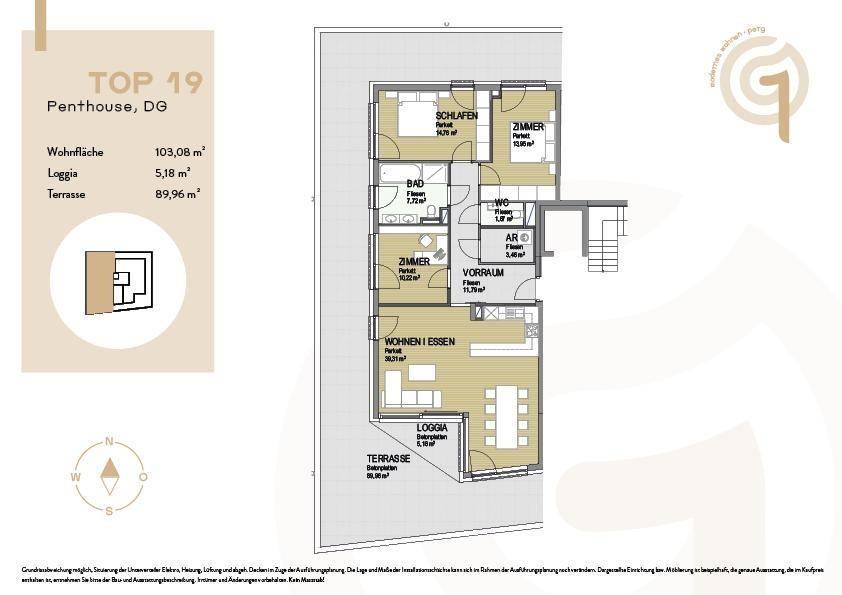 Grundriss des Penthouses TOP 19 mit Loggia und großer Terrasse.