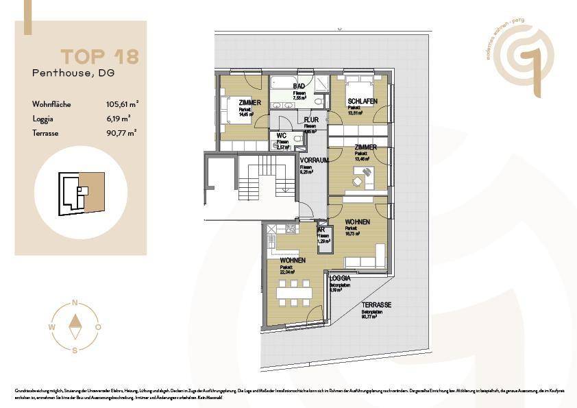 Grundriss eines Penthouses mit drei Zimmern, Loggia und großer Terrasse.