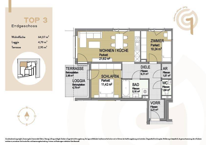 Grundriss für eine Erdgeschosswohnung mit Wohnküche, Schlafzimmer, Bad, Loggia und Terrasse.