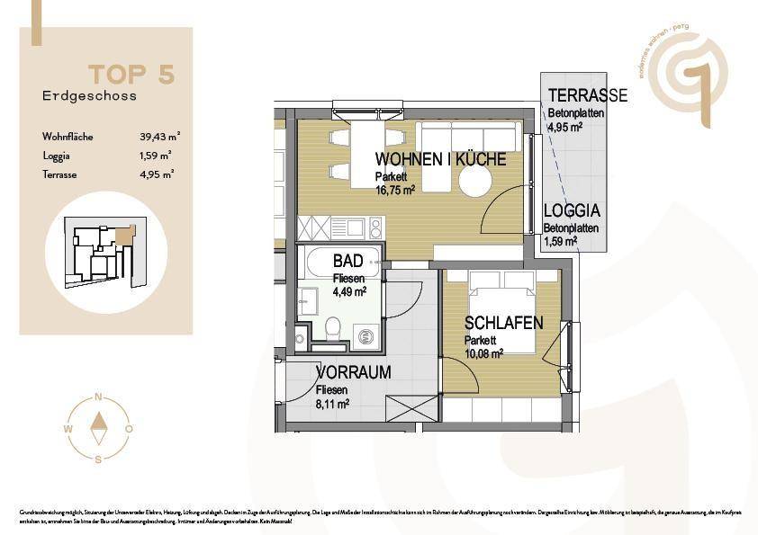 Detaillierter Grundriss einer Erdgeschosswohnung mit Wohnküche, Schlafzimmer und Terrasse.