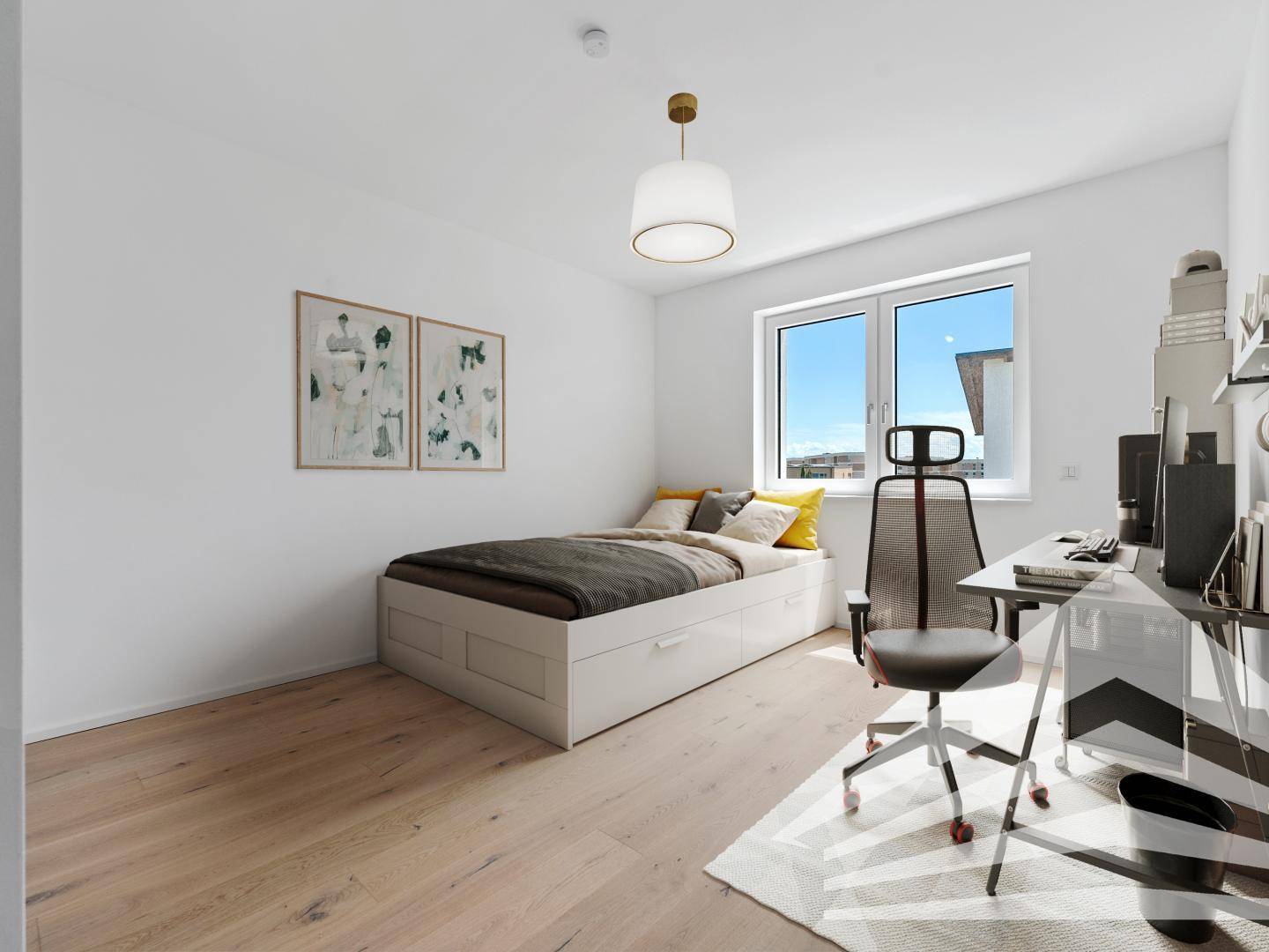 Modern eingerichtetes Schlafzimmer mit Holzboden, Schreibtisch und viel Tageslicht.