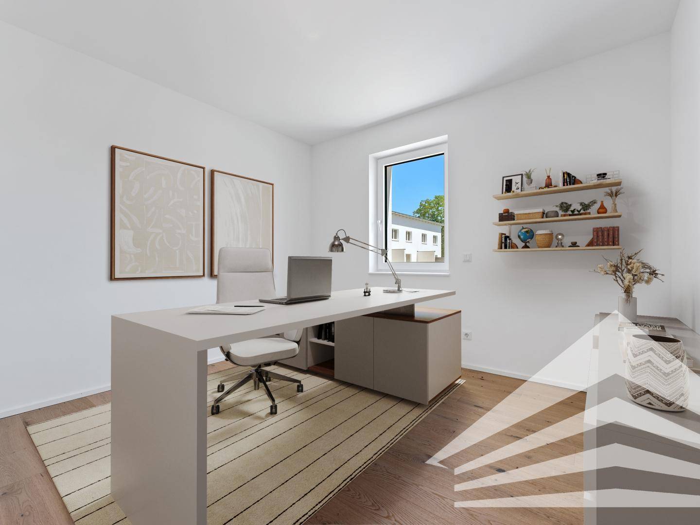 Modernes Arbeitszimmer mit Schreibtisch, Regalen und Blick ins Grüne durch das Fenster.
