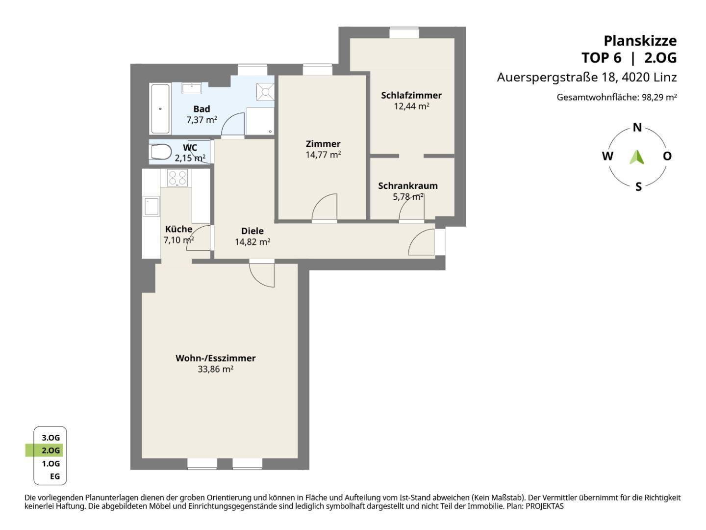 Grundriss der Wohnung mit Wohn-Esszimmer, Schlafzimmer und separatem WC.