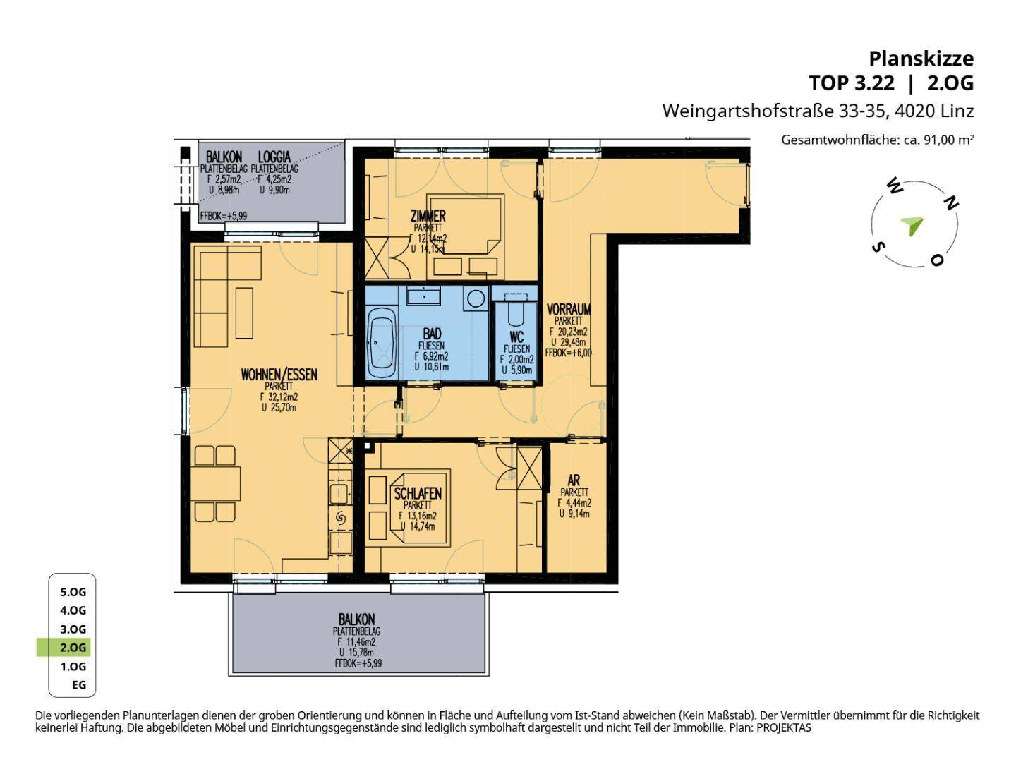 Grundriss der Wohnung TOP 3.22 im 2. Obergeschoss mit zwei Balkonen.