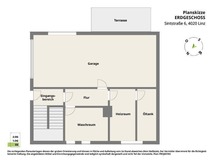 Grundriss des Erdgeschosses mit Garage, Waschraum, Heizraum und direktem Zugang zur Terrasse.