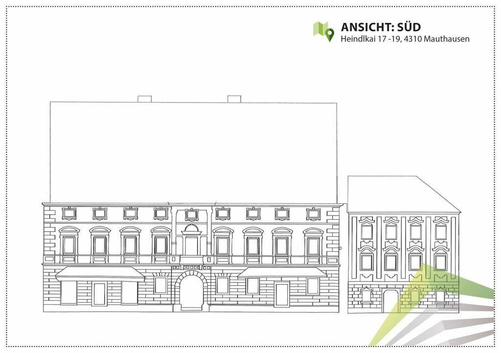 Architektonische Ansicht der Südfassade des Gebäudes mit detaillierten Fensterreihen.