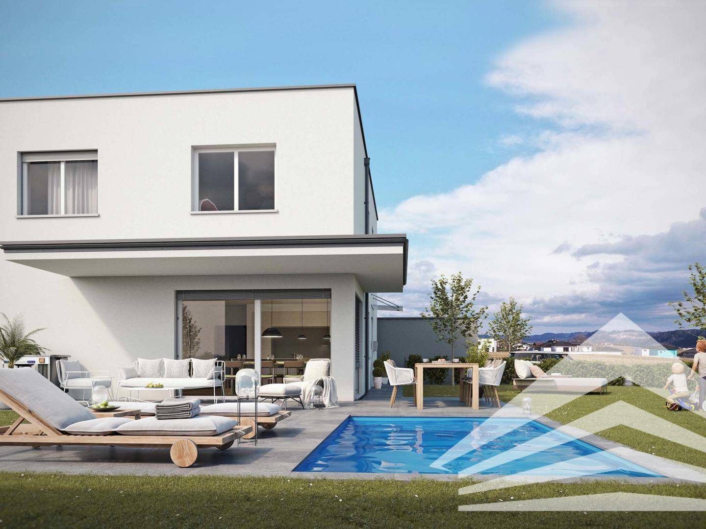 Rückansicht des modernen Hauses mit Pool, Sonnenliegen und Essbereich im Freien.
