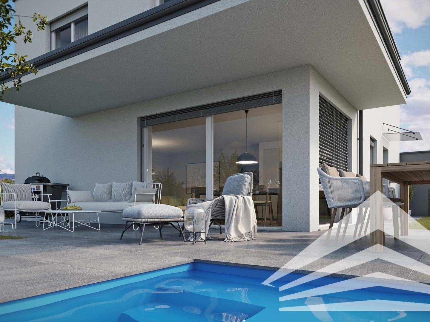 Detailansicht der modernen Terrasse mit Lounge-Möbeln und direktem Zugang zum Pool.