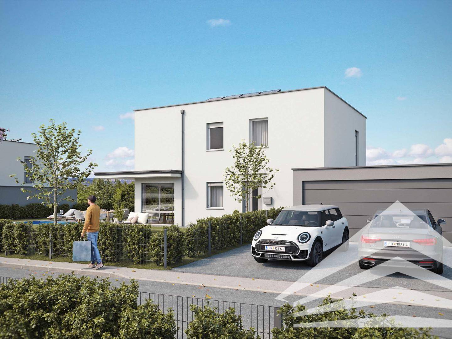 Vorderansicht eines modernen Einfamilienhauses mit Garage, Auffahrt und gepflegter Hecke.