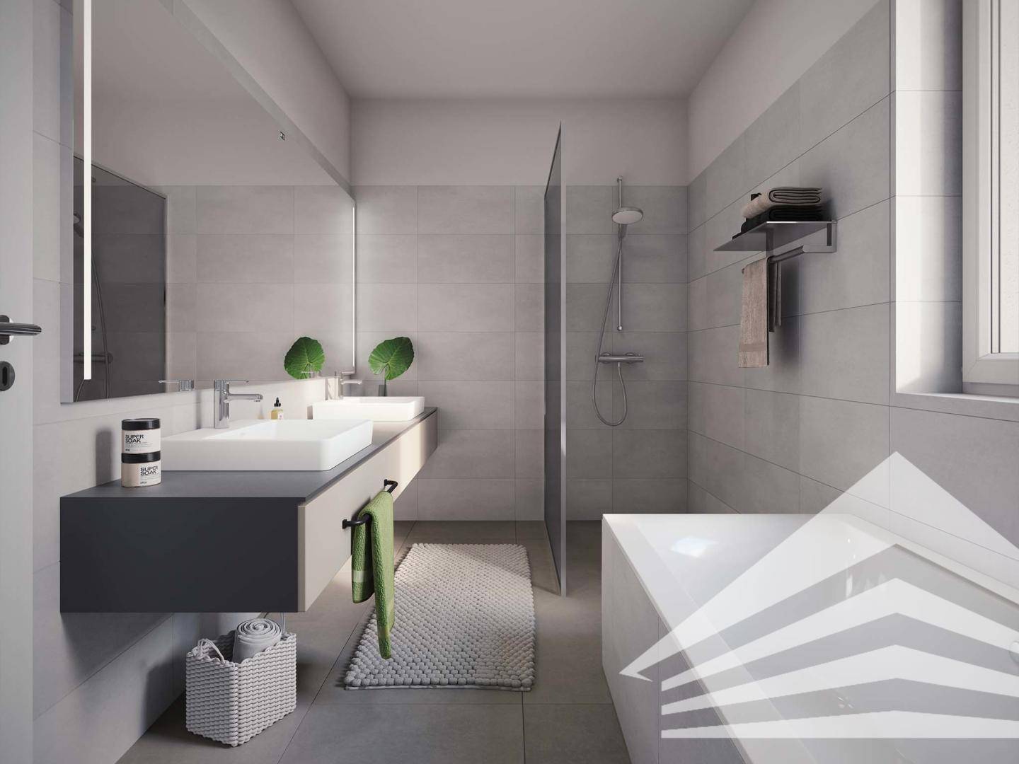 Modernes Badezimmer mit Doppelwaschbecken, begehbarer Dusche und eleganter Badewanne.