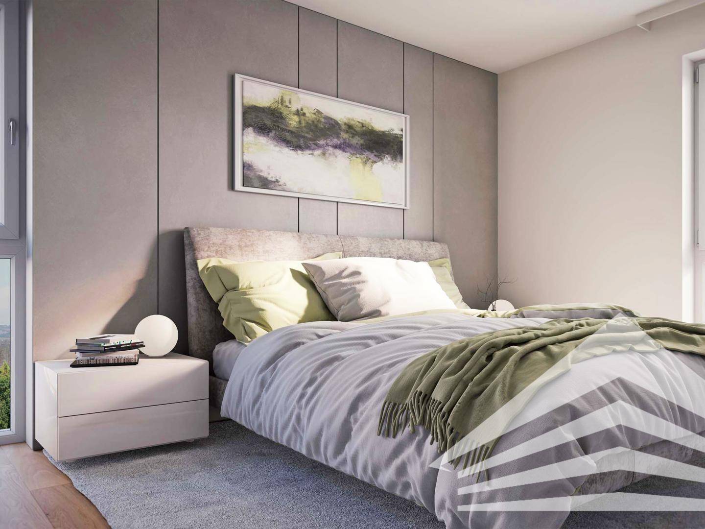 Gemütliches Schlafzimmer mit modernem Bett, Nachttisch und großem Fenster für viel Licht.