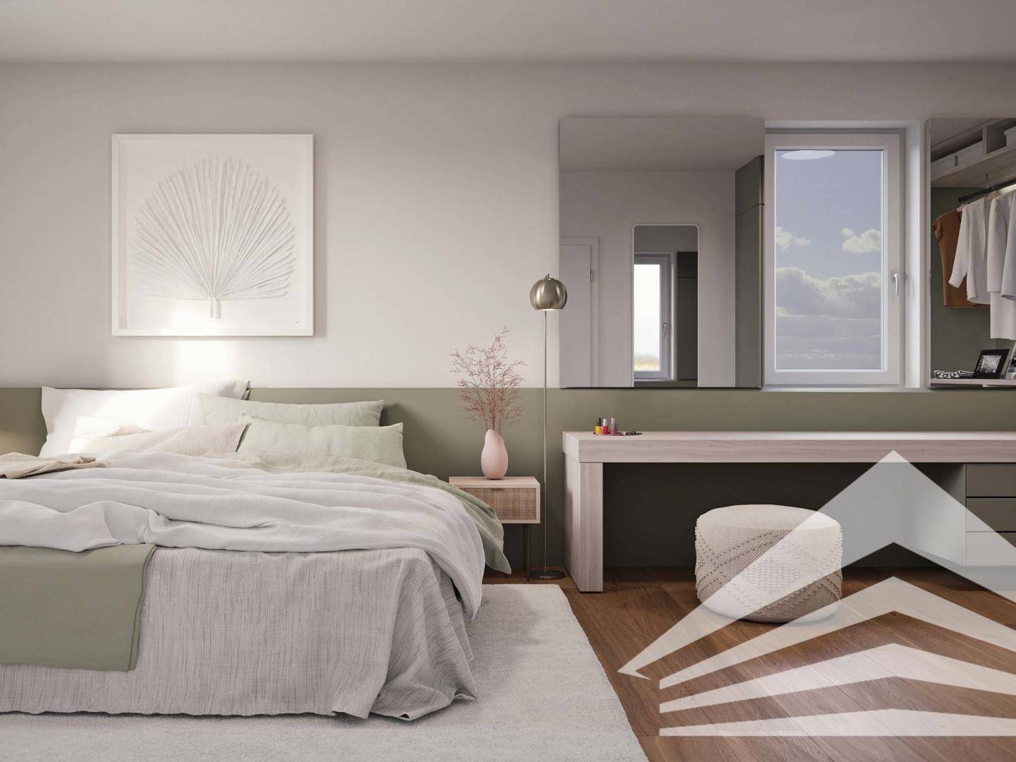 Modernes Schlafzimmer mit großem Bett, Schminktisch und integriertem Kleiderschrank, hell und stilvoll eingerichtet.