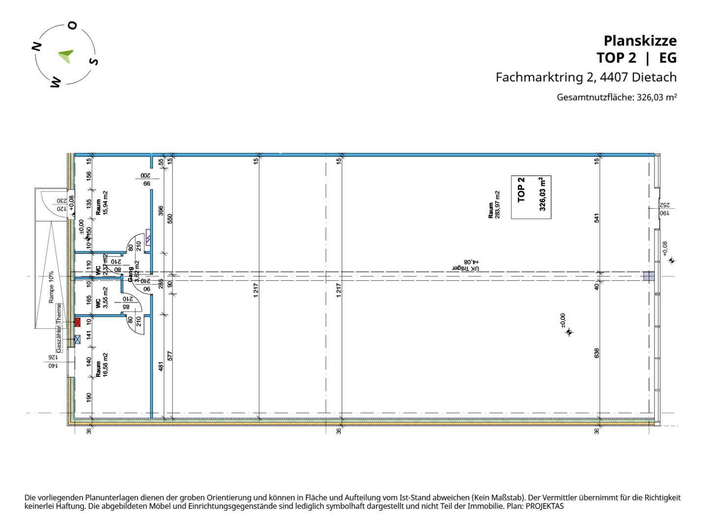 Grundriss der Einheit TOP 2 im Erdgeschoss mit einer Gesamtfläche von 326,03 m² und integrierter Rampe.