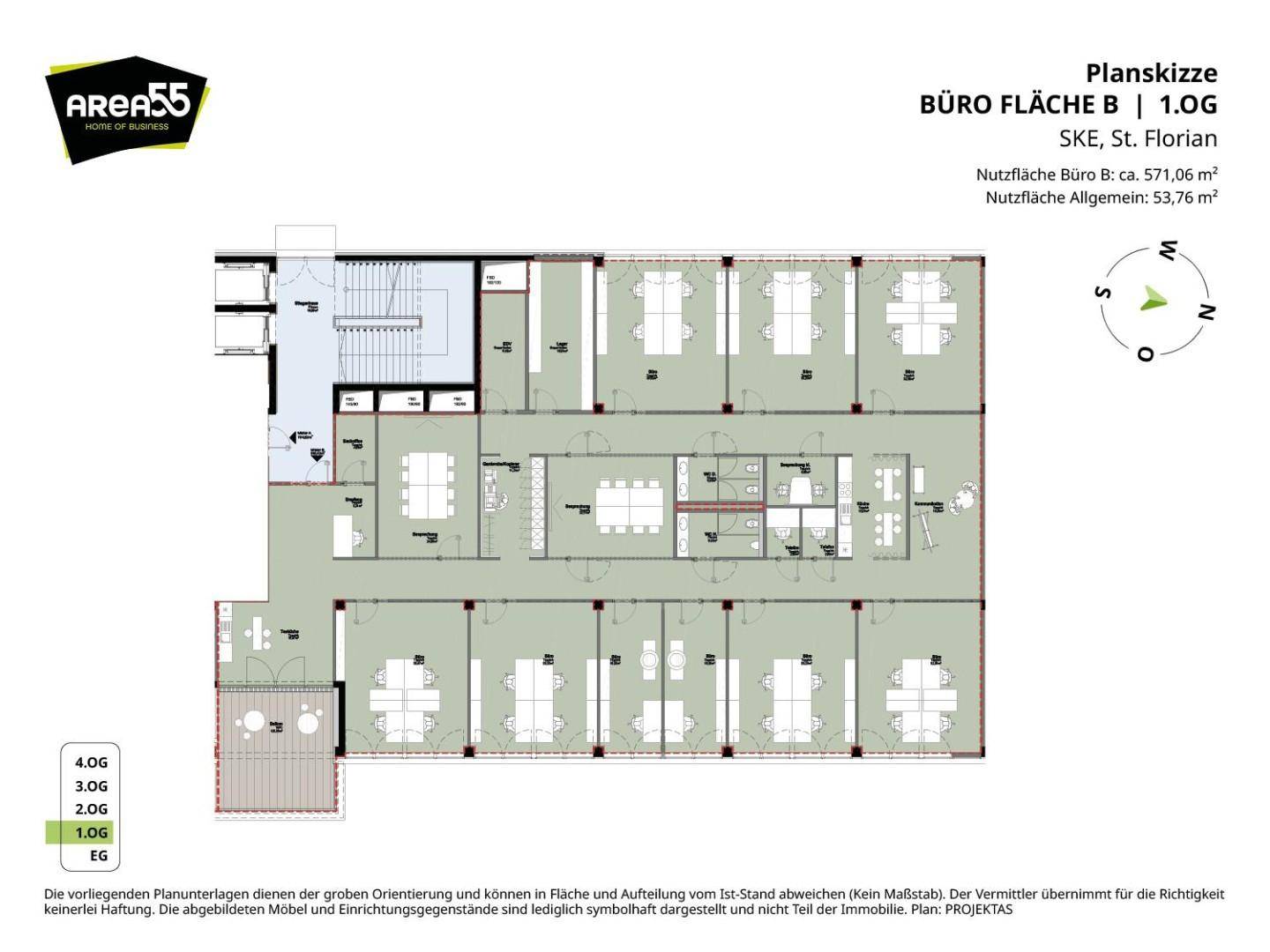 Grundriss von Bürofläche B im ersten Obergeschoss mit flexiblen Bürolayouts.