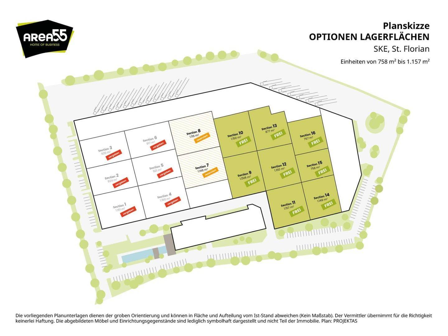 Lageplan mit Optionen für Lagerflächen, aufgeteilt in verschiedene Sektionen mit Größenangaben für die Vermietung.