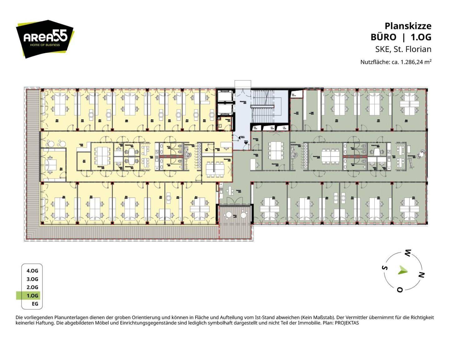 Grundriss des ersten Obergeschosses mit verschiedenen Büroräumen, Besprechungszimmern und einem Treppenhaus.