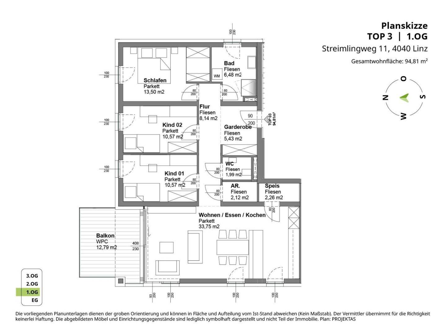 Detaillierter Grundriss einer Wohnung mit drei Schlafzimmern und offenem Wohnbereich.