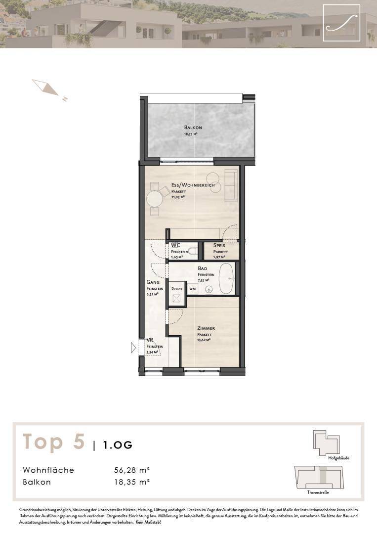Grundriss einer Wohnung mit Balkon, offenem Wohn-Essbereich und separatem WC.