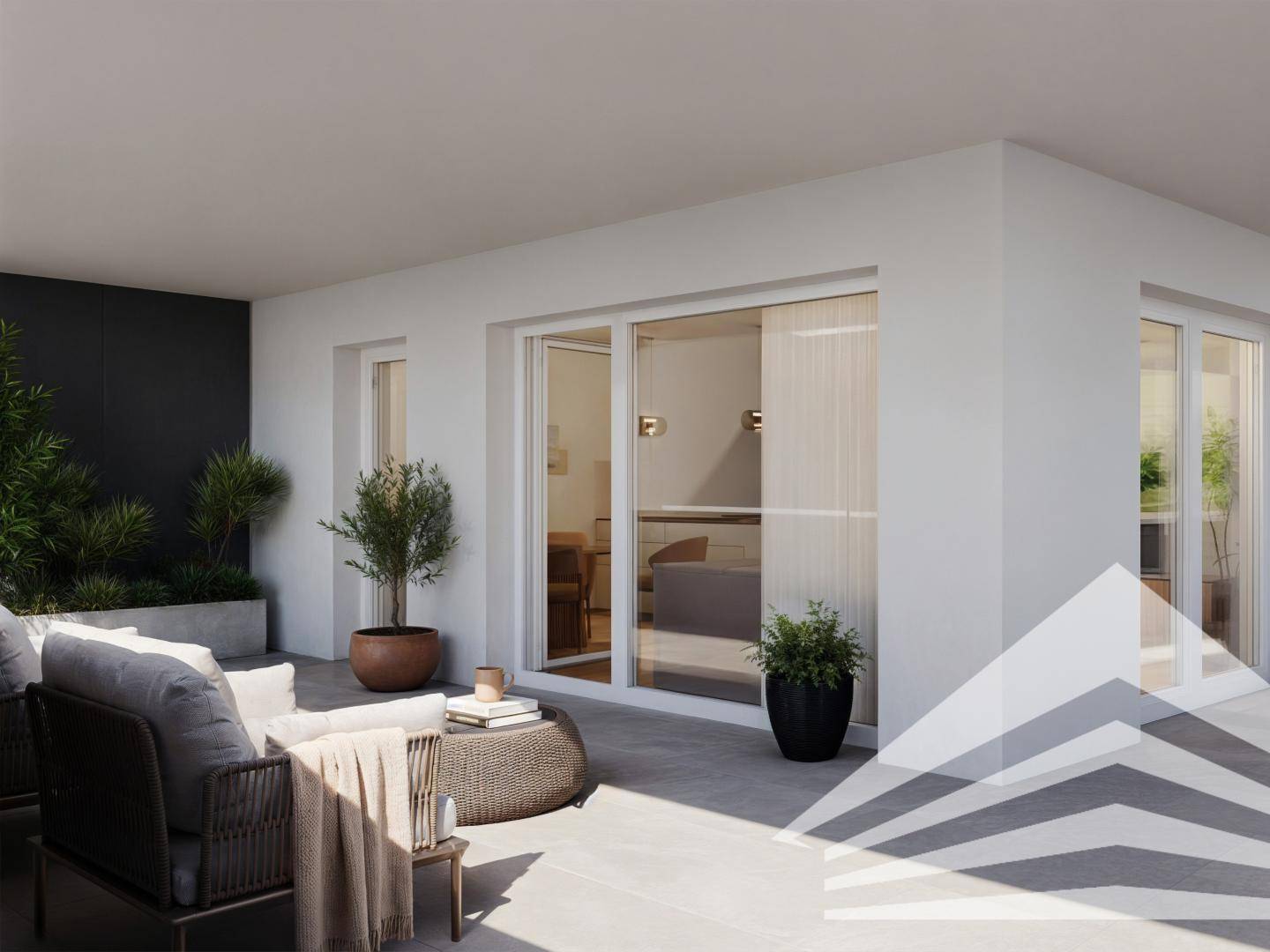 Überdachte Terrasse mit modernen Loungemöbeln und Pflanzen, ideal für entspannte Stunden im Freien.