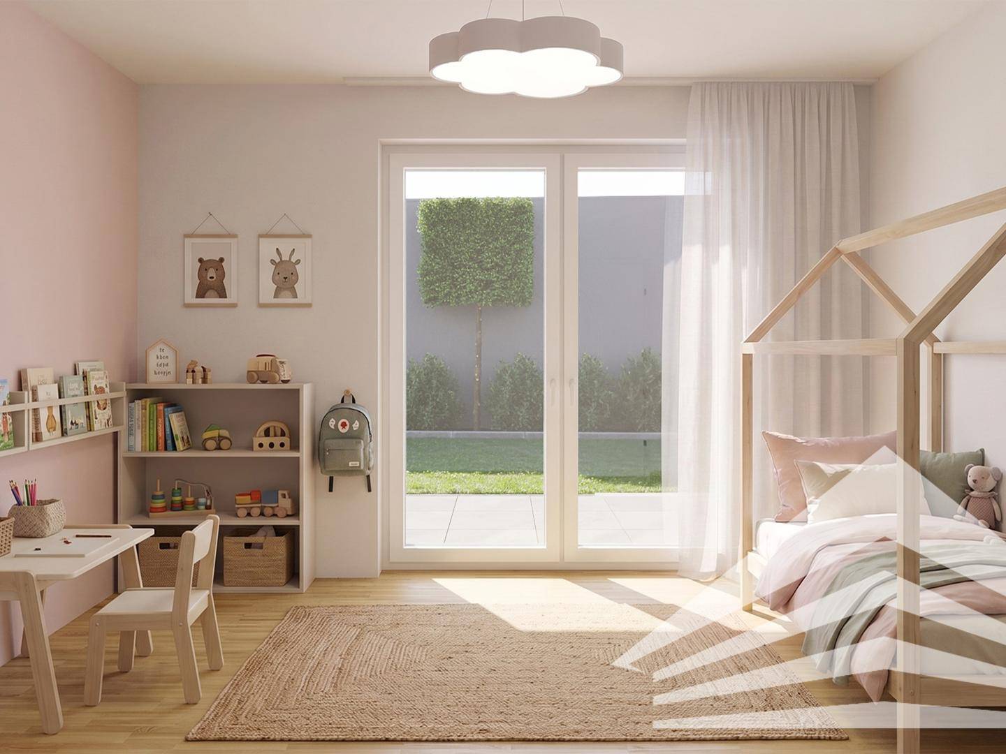 Helles Kinderzimmer mit direktem Zugang zum Garten, Holzboden und kindgerechter Einrichtung.