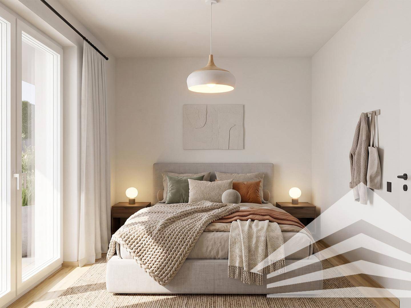 Gemütliches Schlafzimmer mit Doppelbett, Holzboden und Zugang zu einem Balkon oder einer Terrasse.